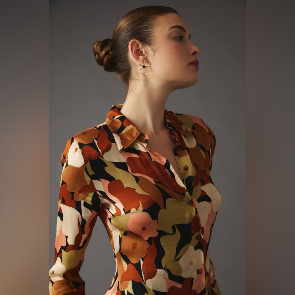 ๐(NWT) ASTR the Label Long-Sleeved Satin Floral Shirt Dress. XL - Picture 3 of 8